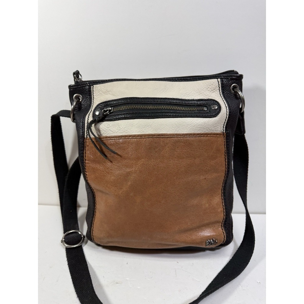 The Sak Laurel Crossbody Bag Leather Black Tan Cream Zip Pockets 9x10 Boho - Picture 2 of 7